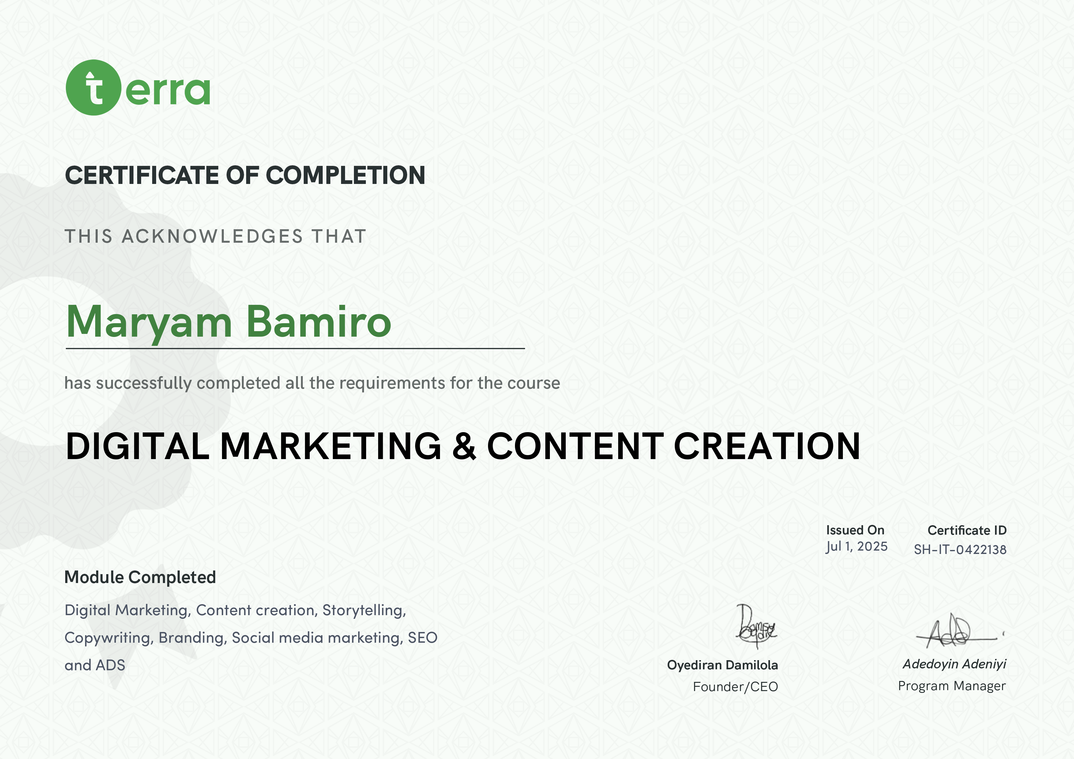Terra Learning certificate