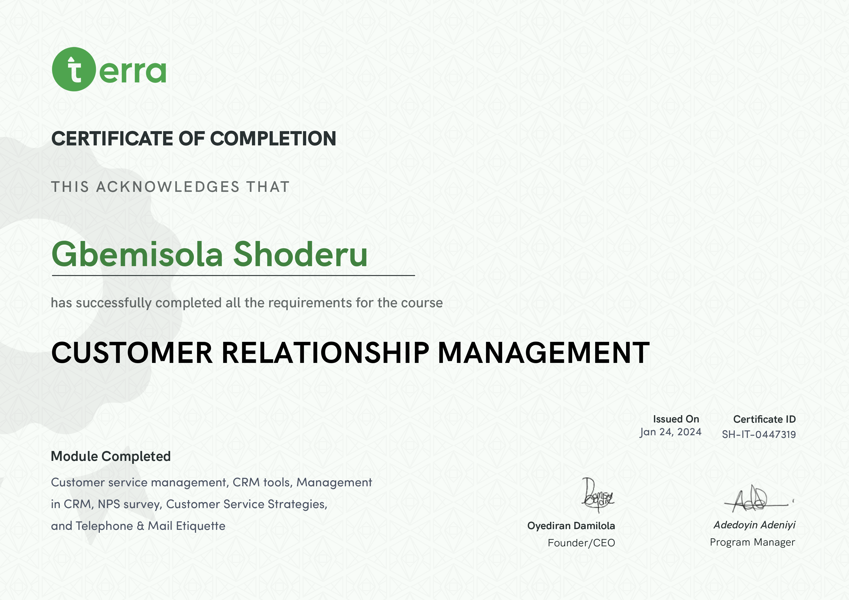 Terra Learning certificate