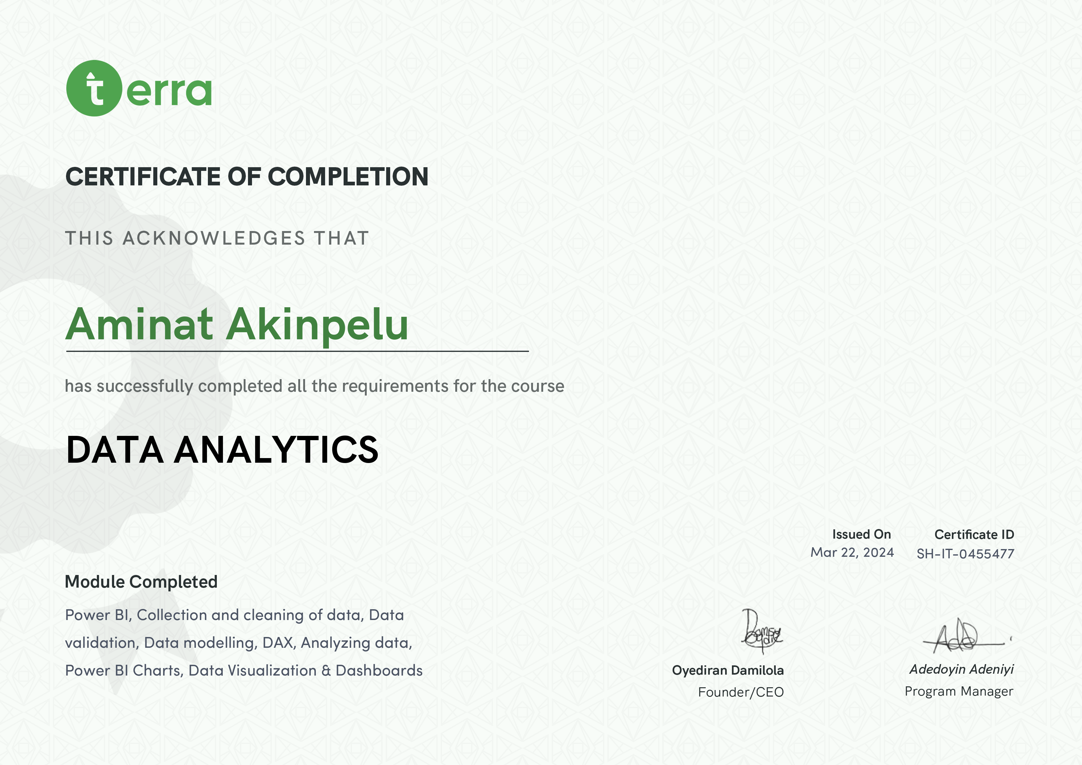 Terra Learning certificate