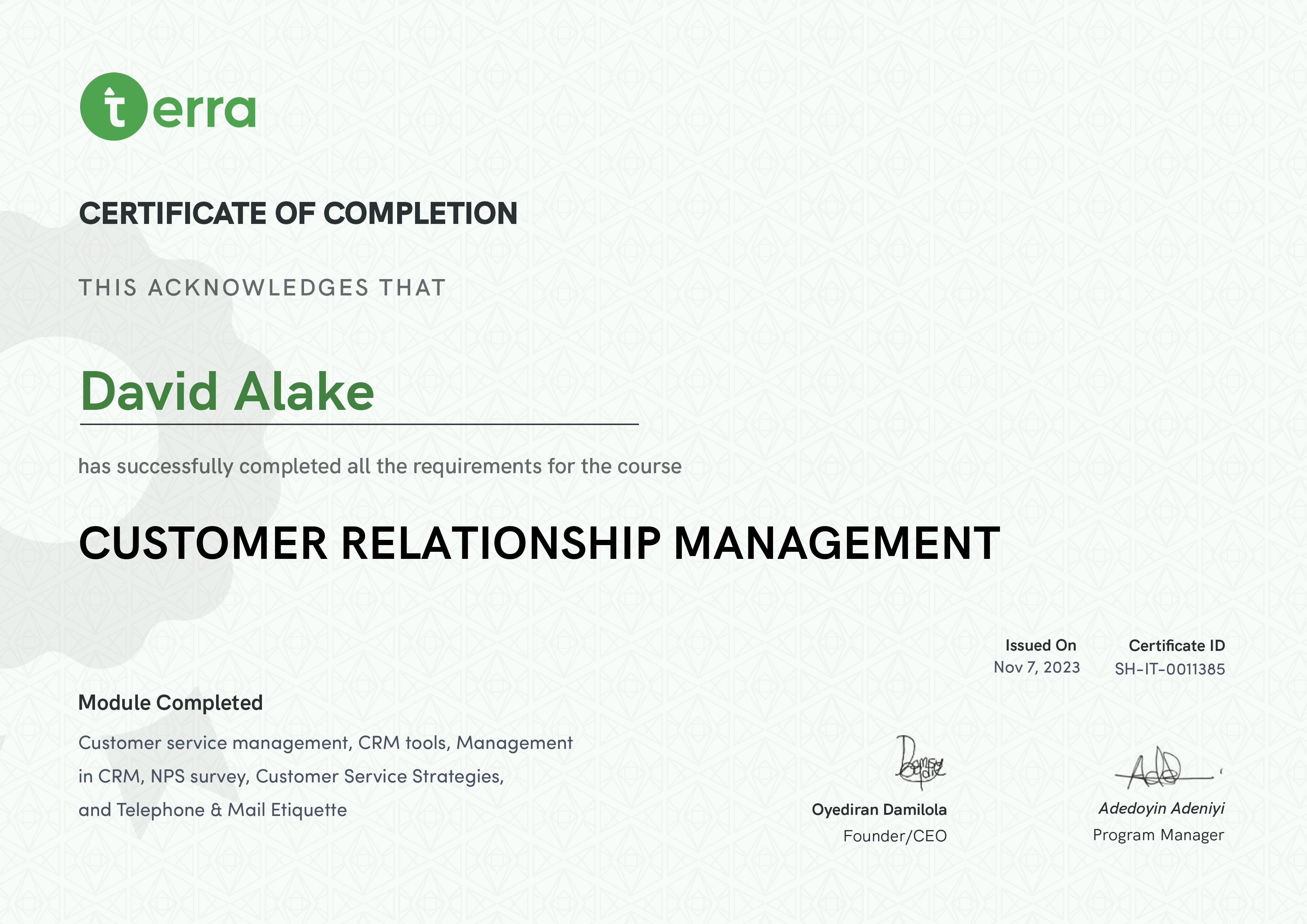 Terra Learning certificate