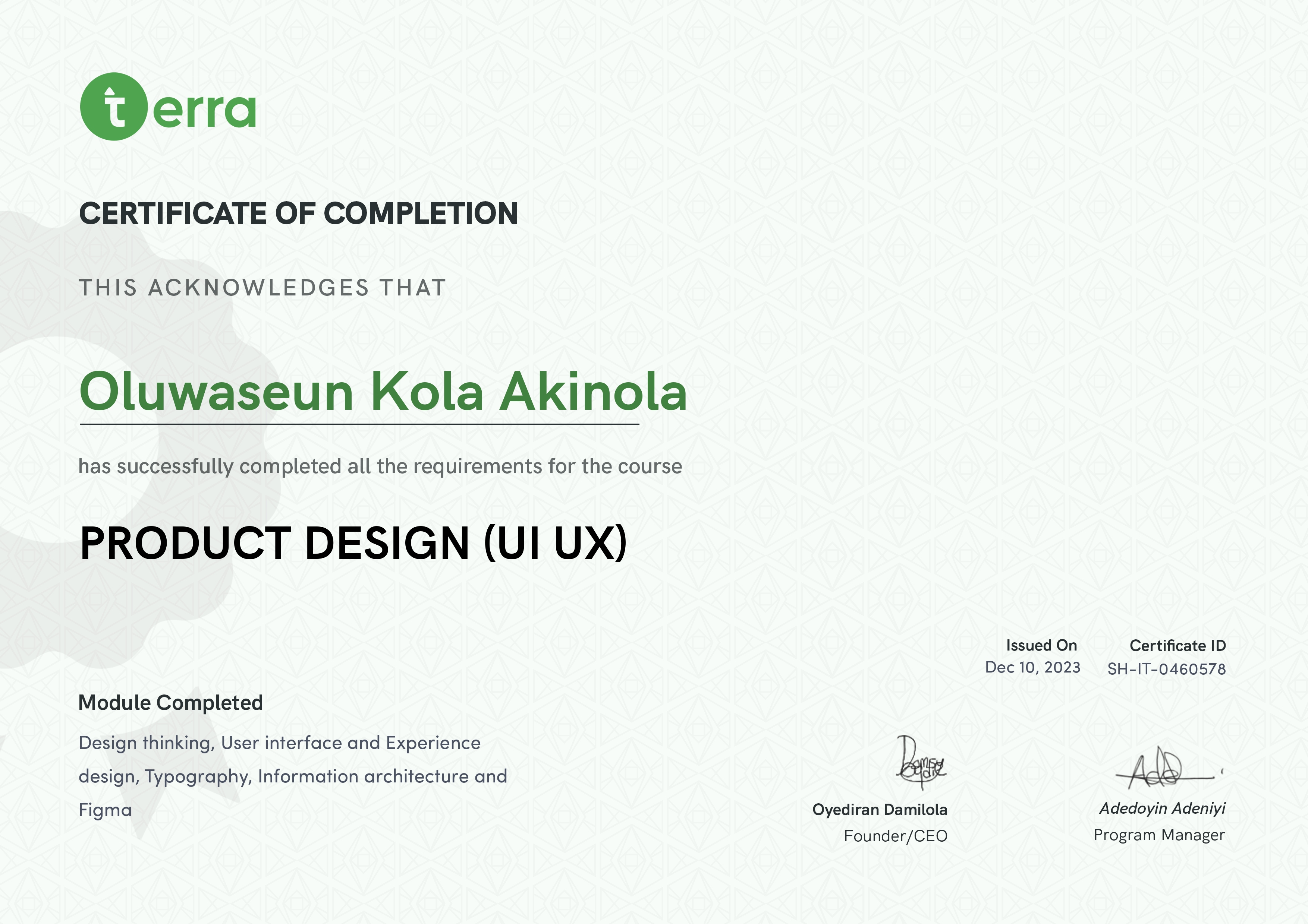 Terra Learning certificate