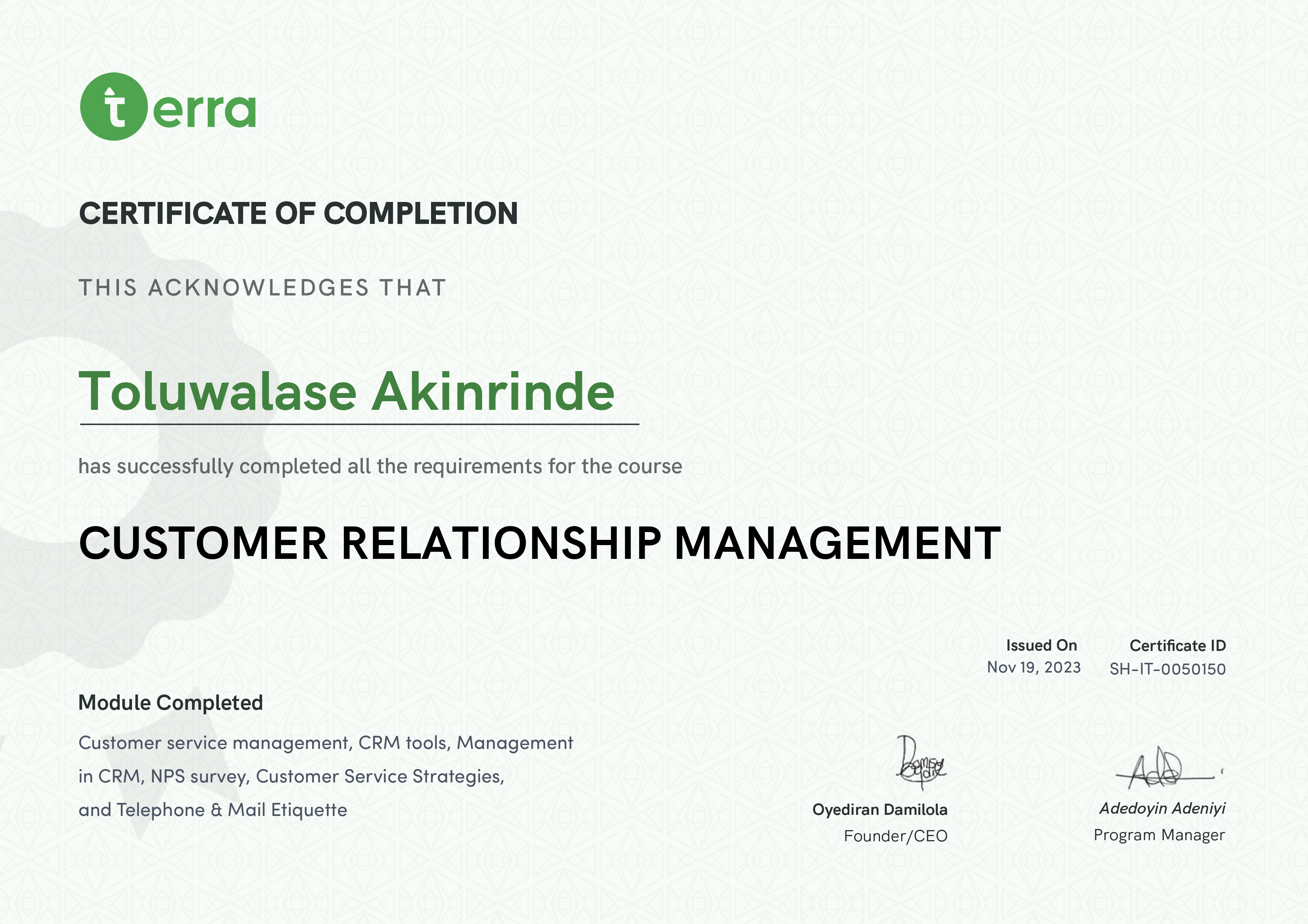 Terra Learning certificate