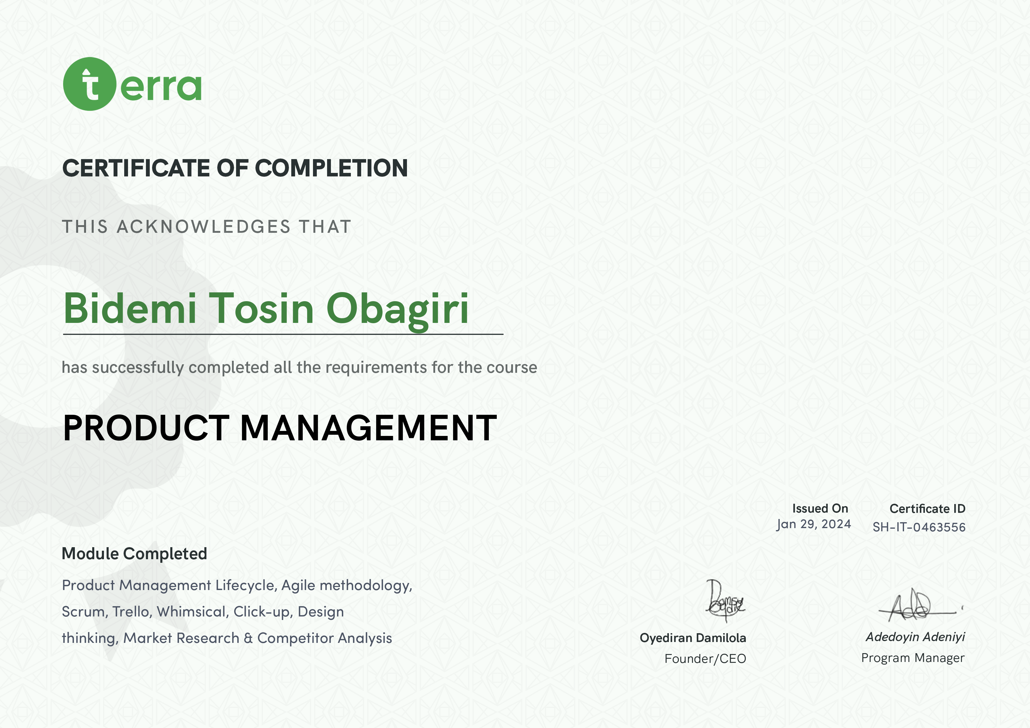 Terra Learning certificate
