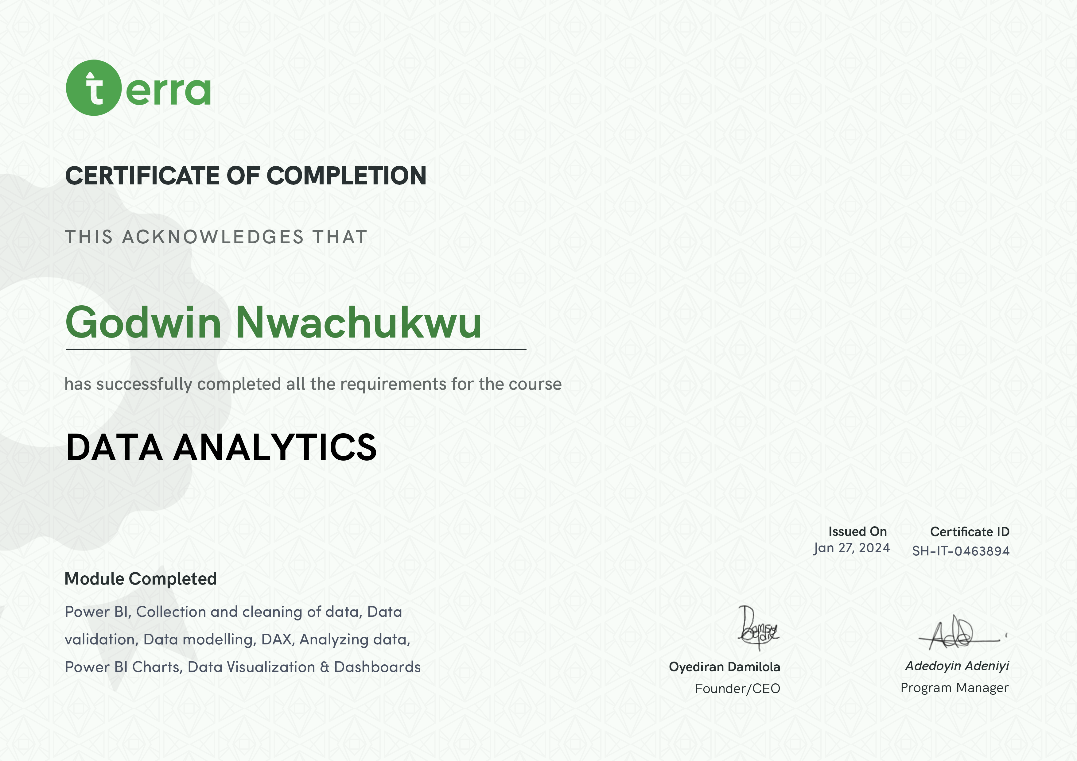 Terra Learning certificate