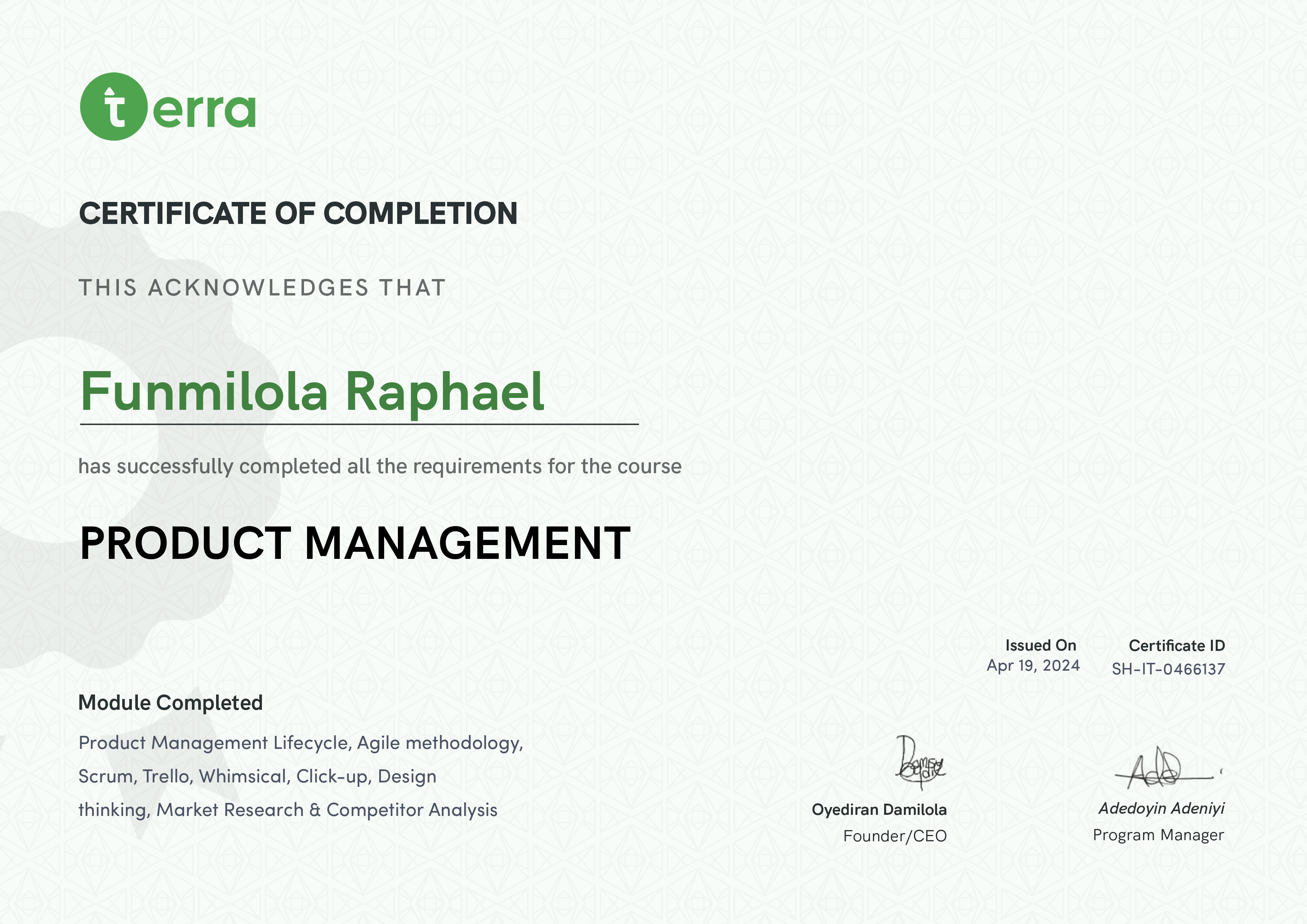 Terra Learning certificate
