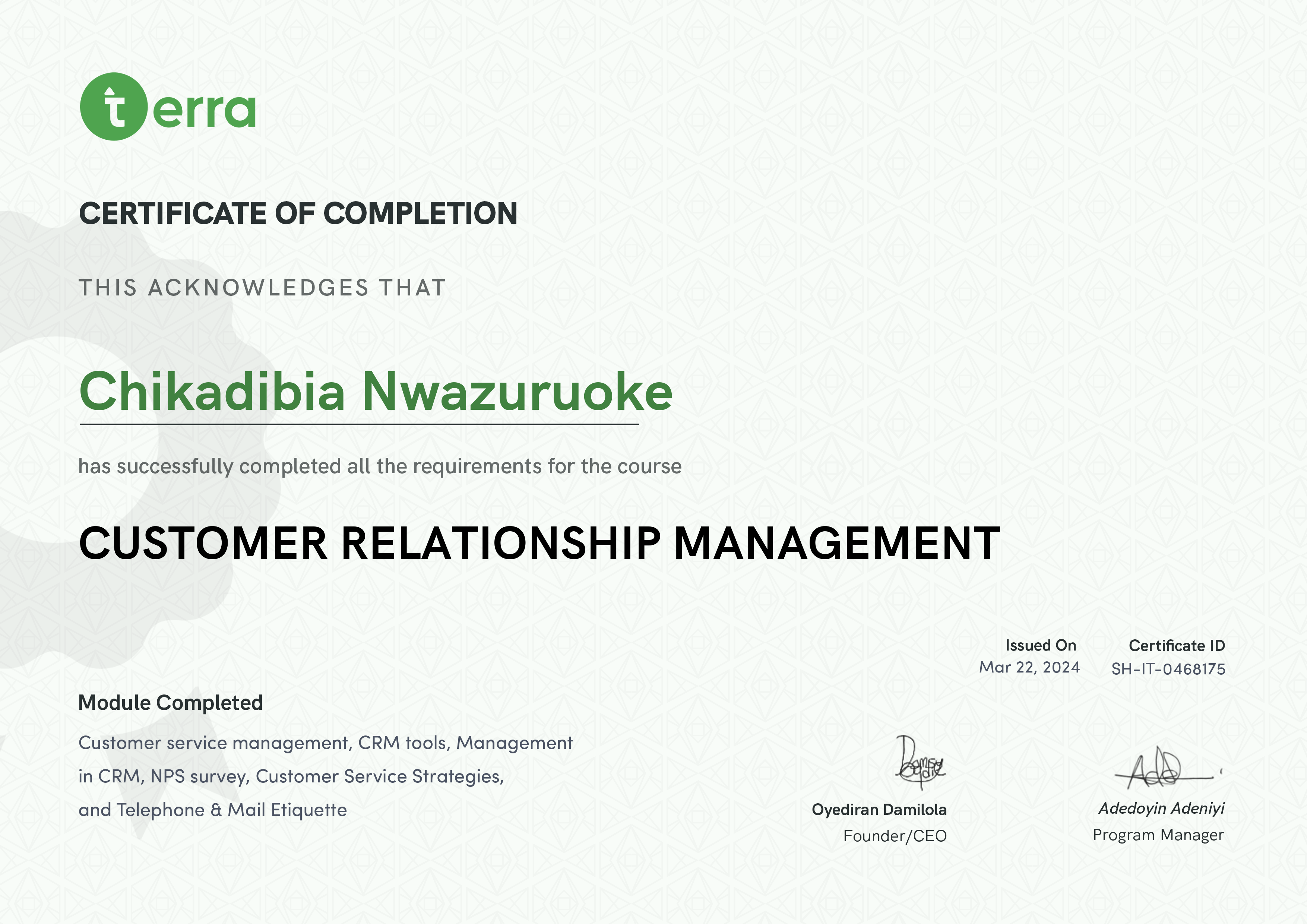 Terra Learning certificate