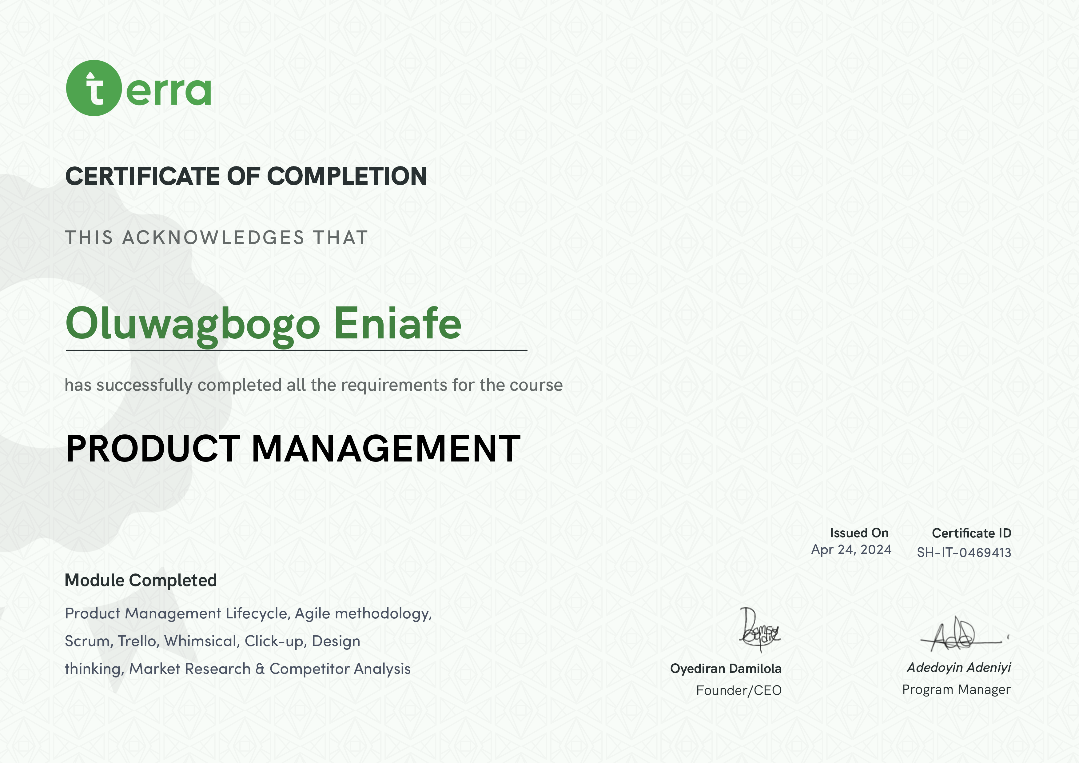Terra Learning certificate