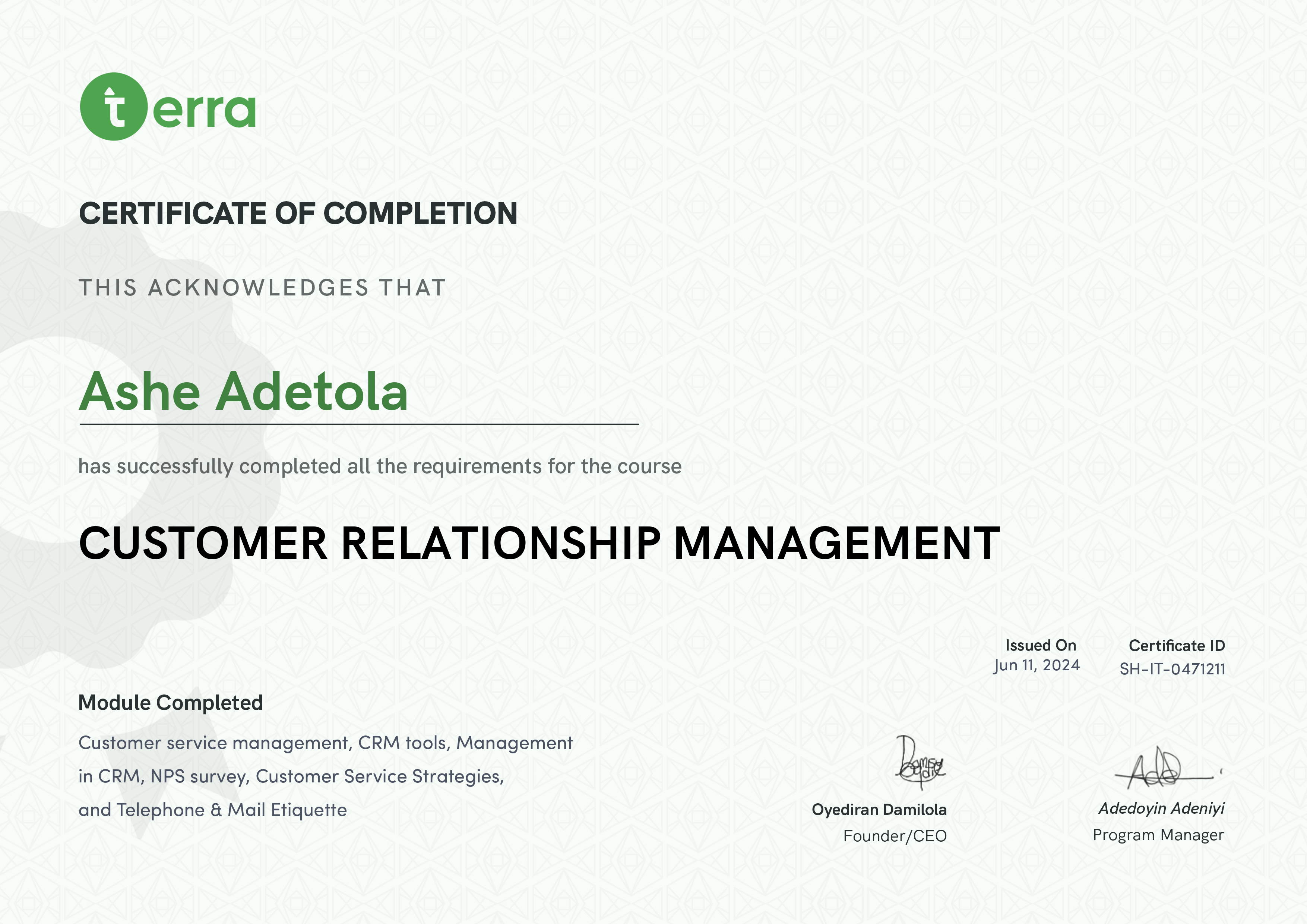 Terra Learning certificate