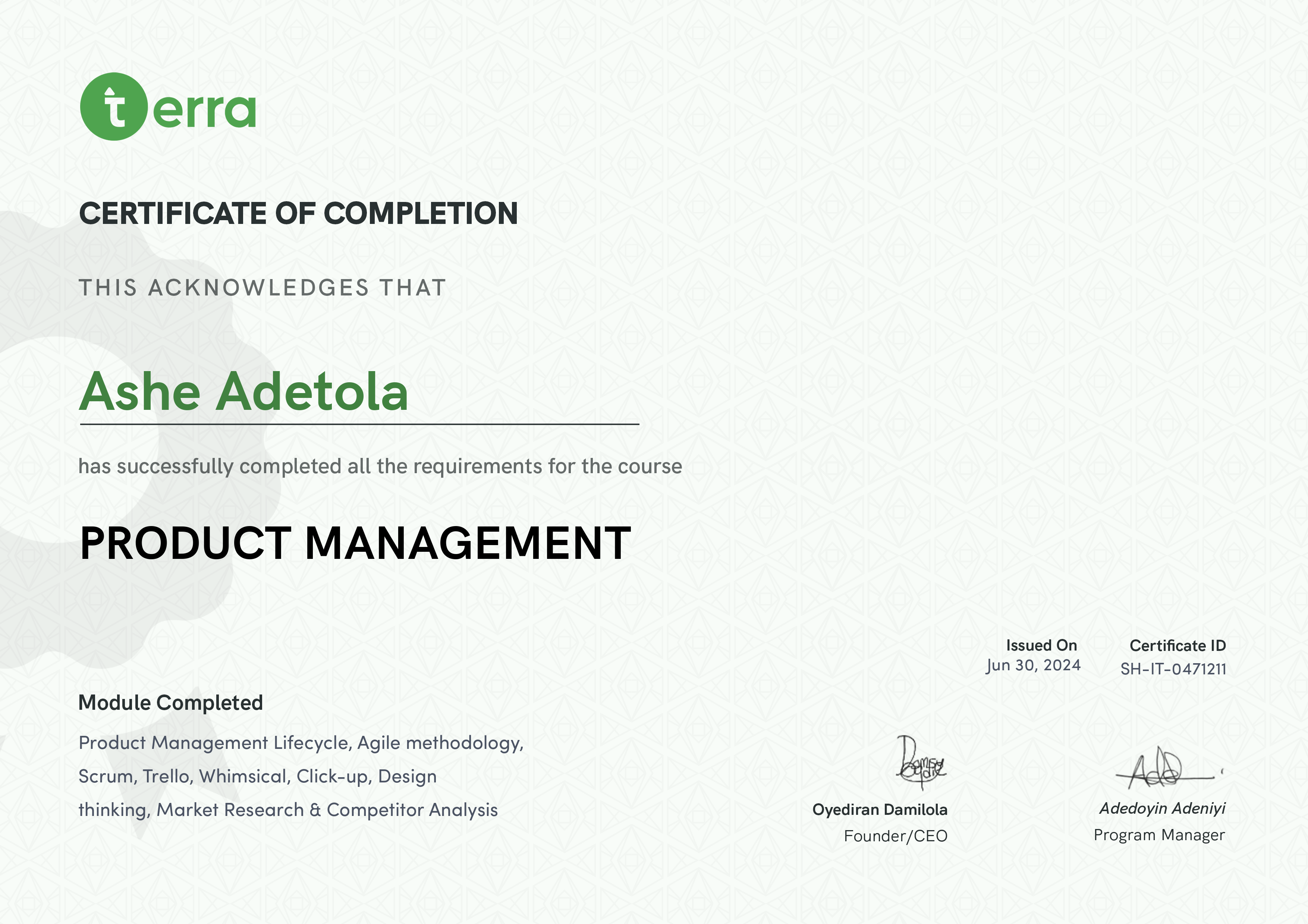 Terra Learning certificate