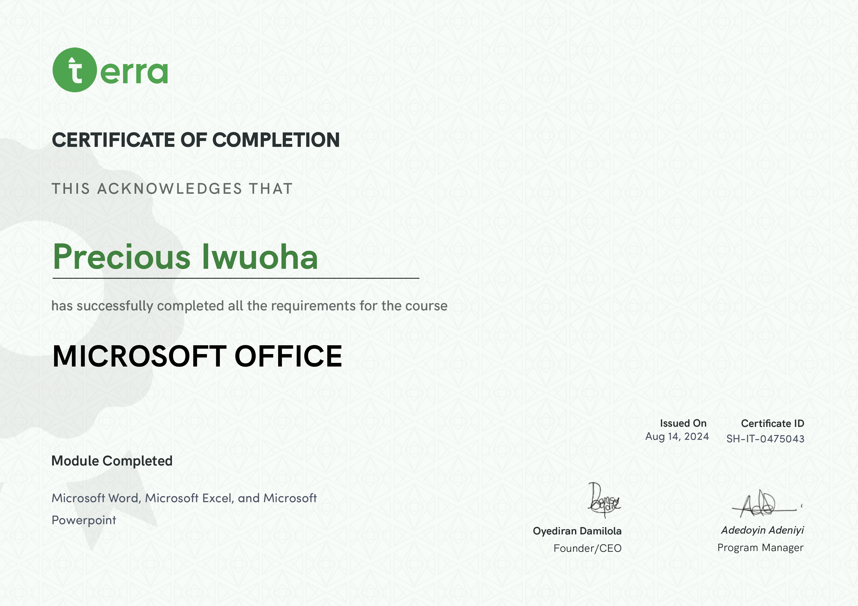 Terra Learning certificate