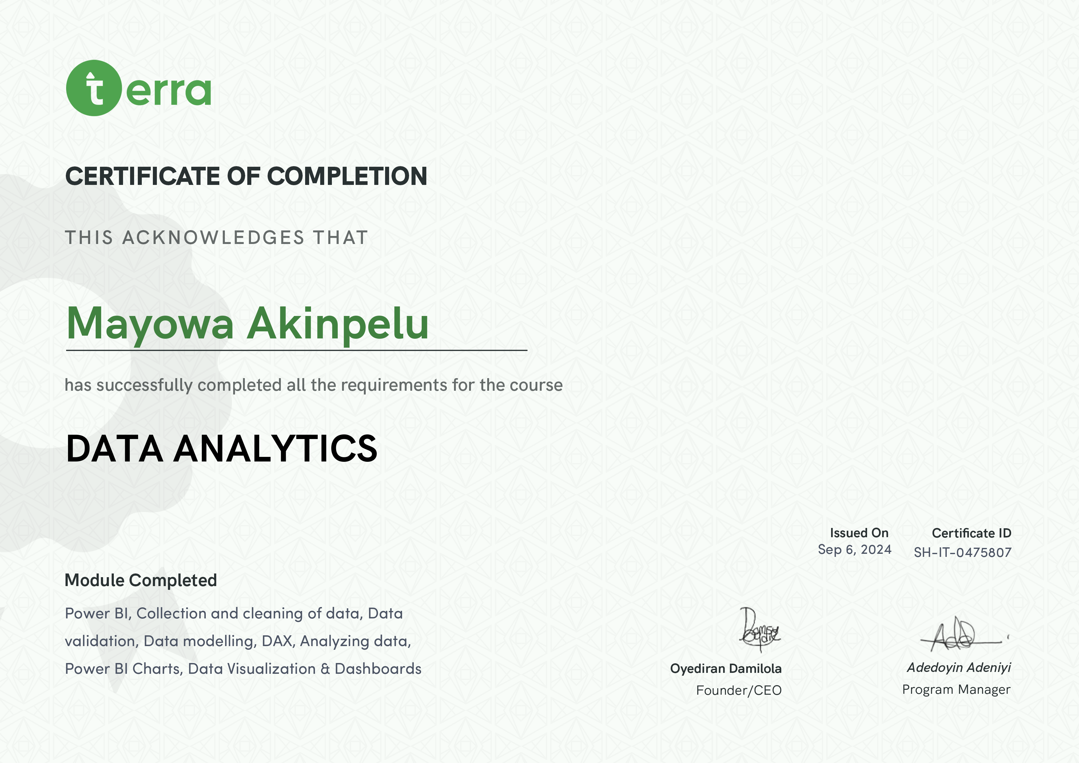 Terra Learning certificate