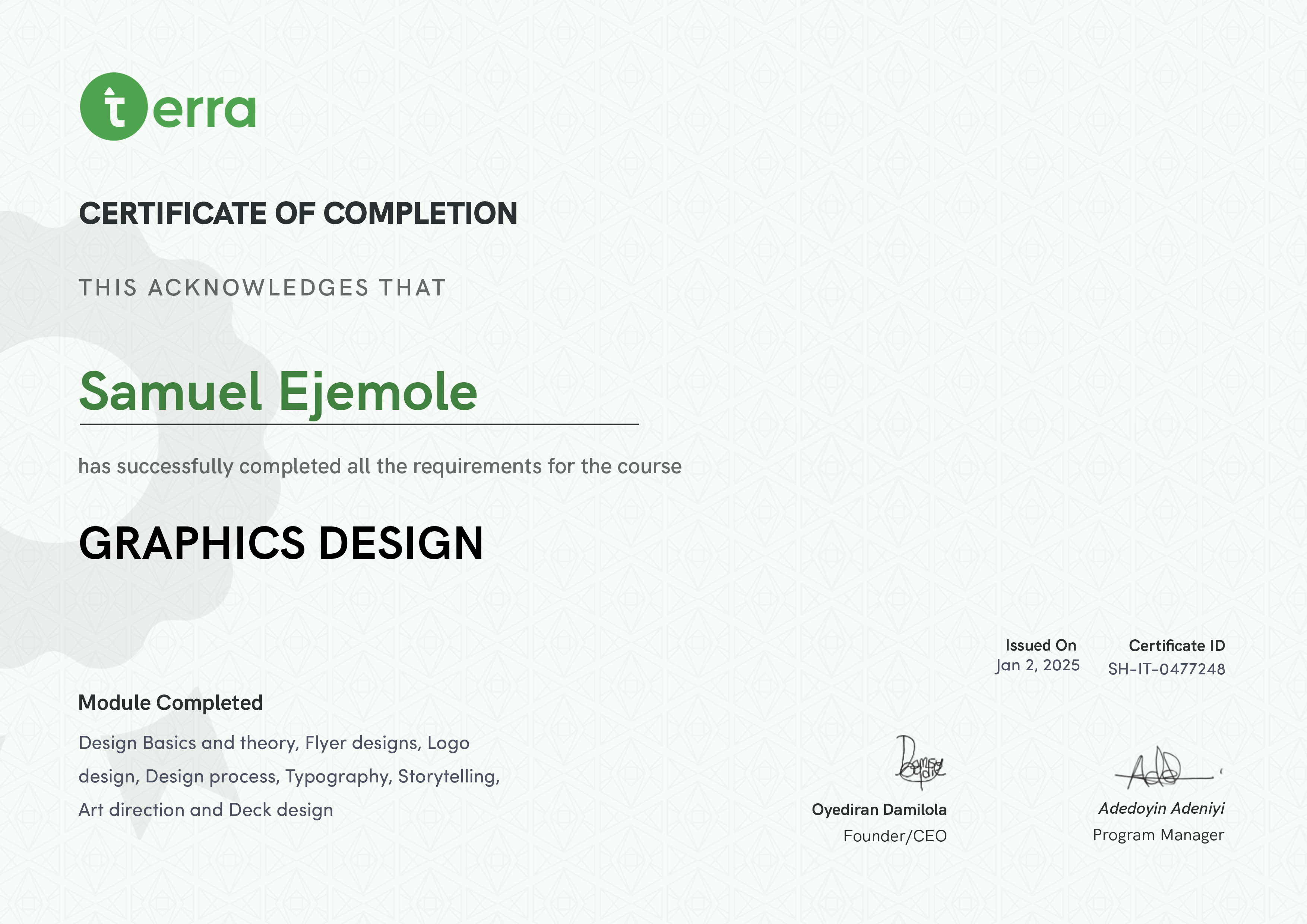 Terra Learning certificate