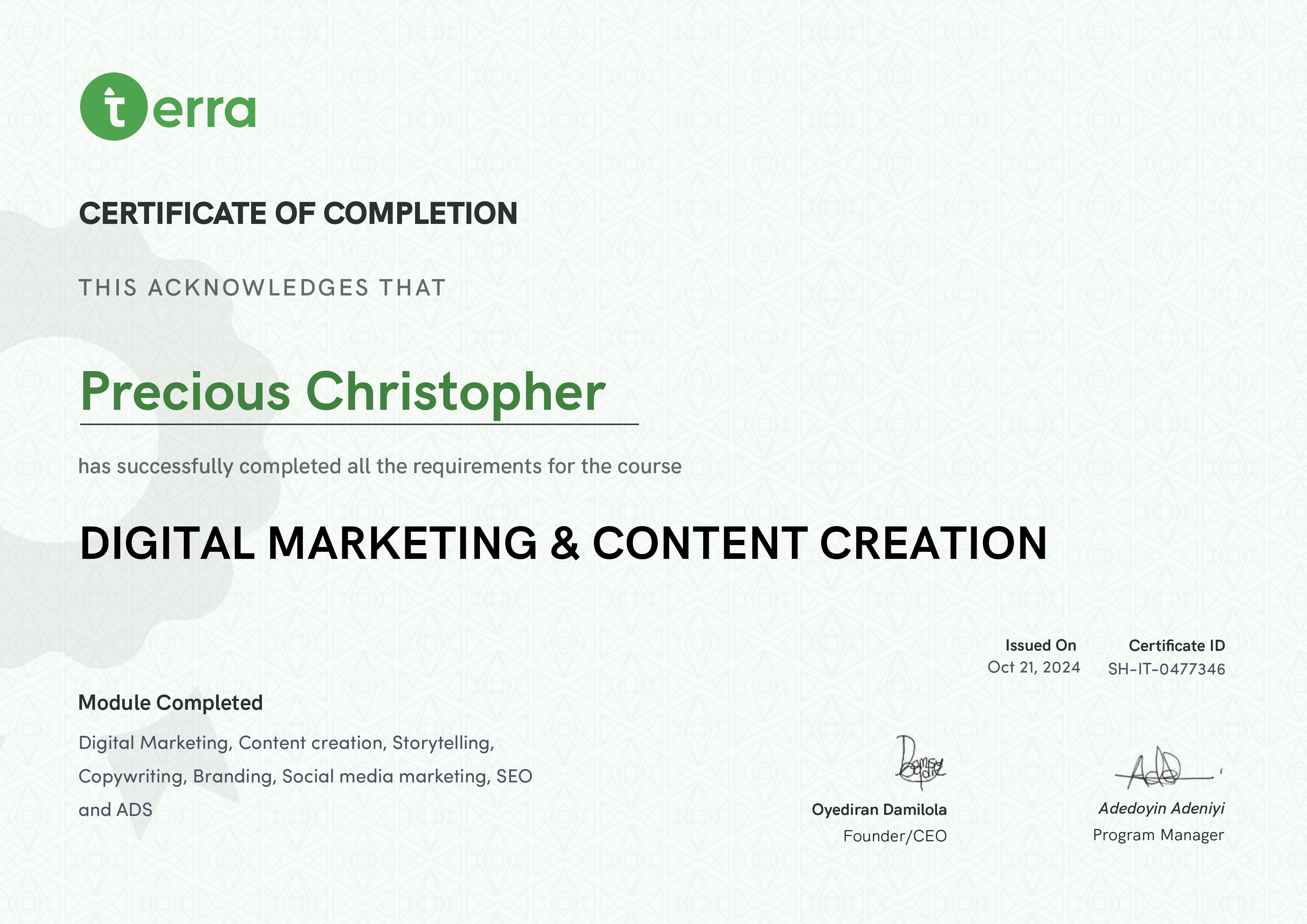 Terra Learning certificate