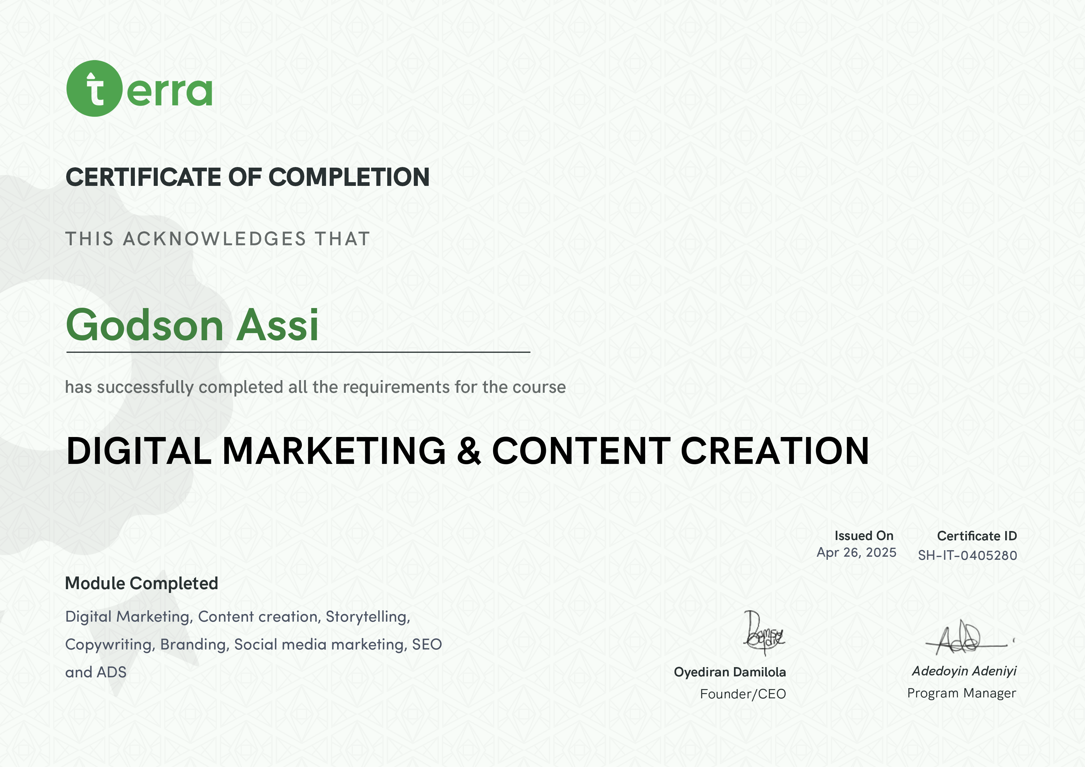 Terra Learning certificate